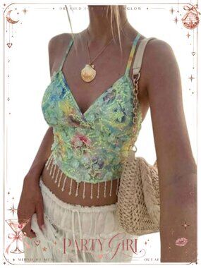 Sequin Sparkly Halter Crop Top Fringe Open Back Party Top